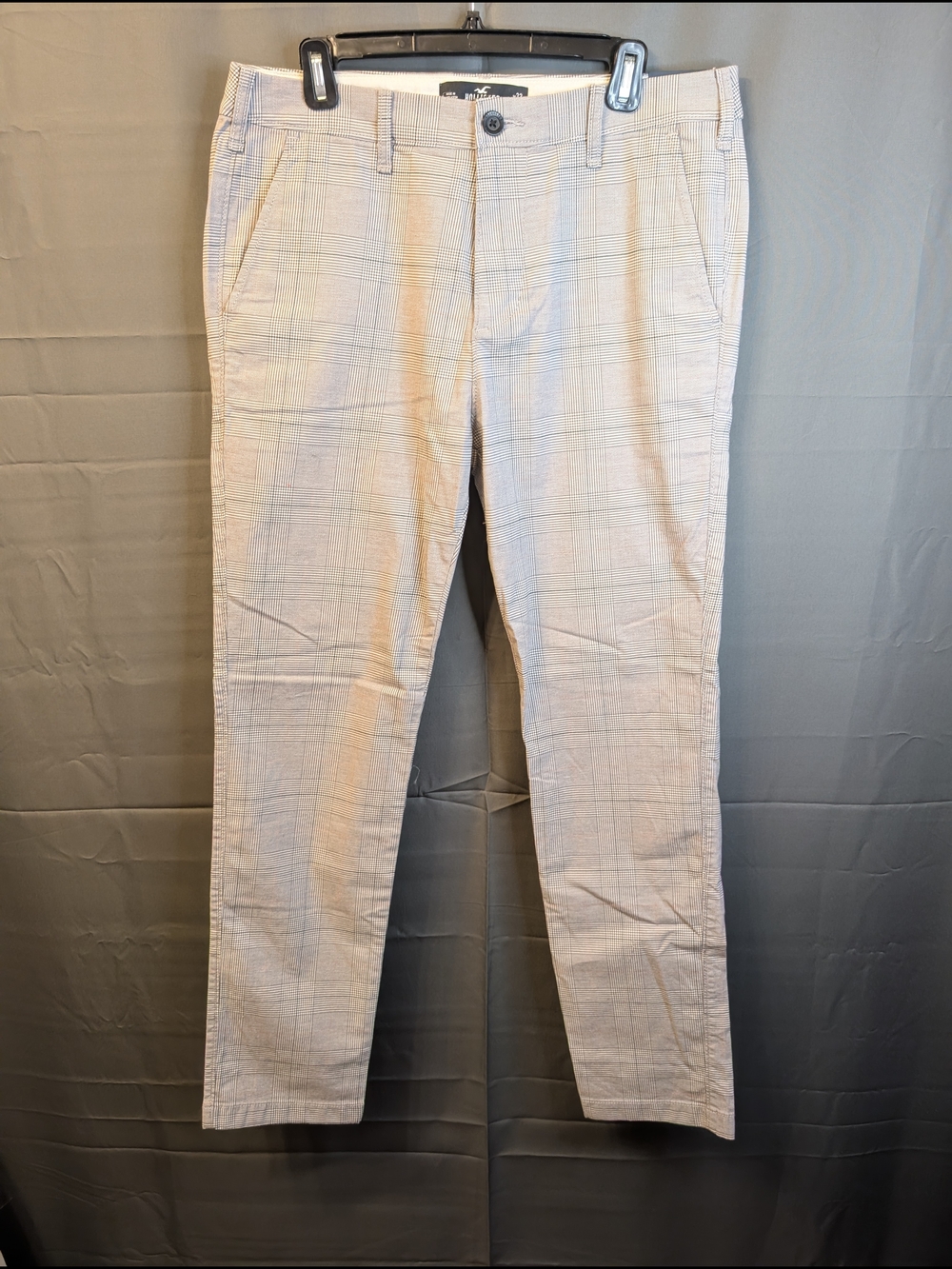 Hollister Men's Epic Flex Skinny Chino Grey Windowpane Plaid Trousers .. A